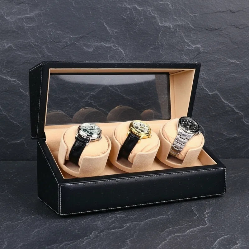 Remontoir Montre Cuir Noir 3 Slots - rangement montres, en cuir | Boites Lefiguet