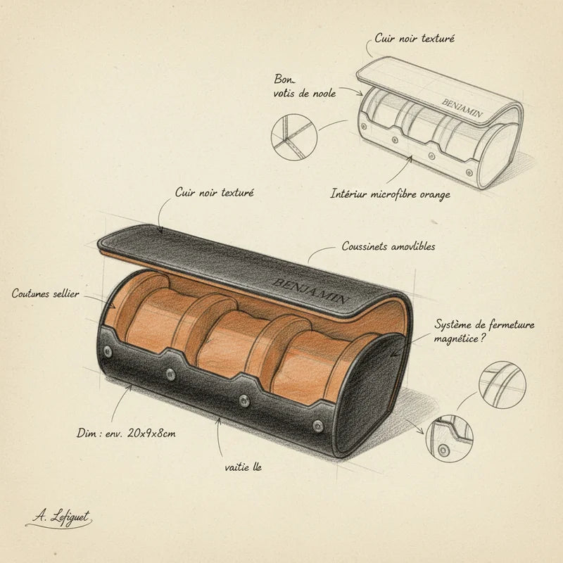 Néo - L'Étui à montres personnalisé noir et orange - Ajoutez un nom ou des initiales - croquis technique artisan | Boites Lefiguet