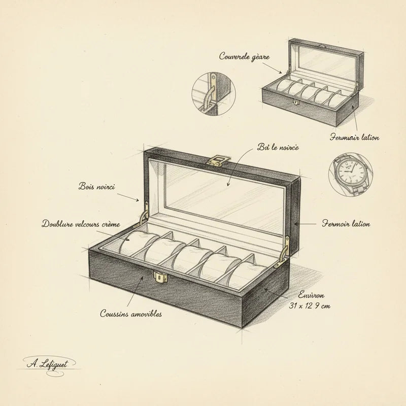 Boite a Montre en Bois Noir 6 slots - croquis technique artisan | Boites Lefiguet