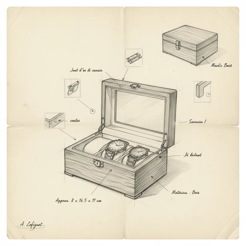 Boite a Montre Bois Luxueux 3 slots - croquis technique artisan | Boites Lefiguet