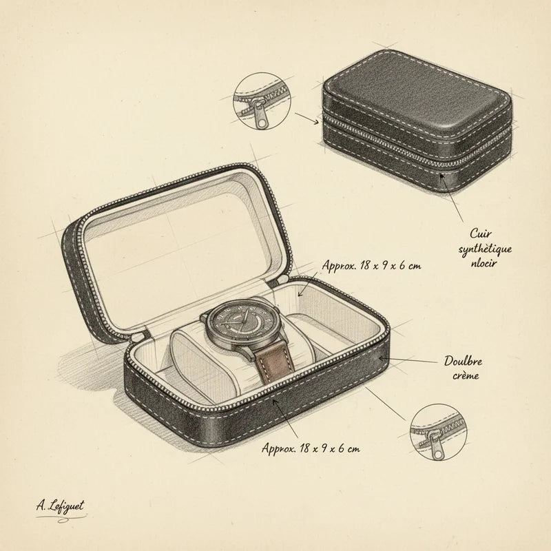 Housse montre en cuir 2 slots - croquis technique artisan | Boites Lefiguet