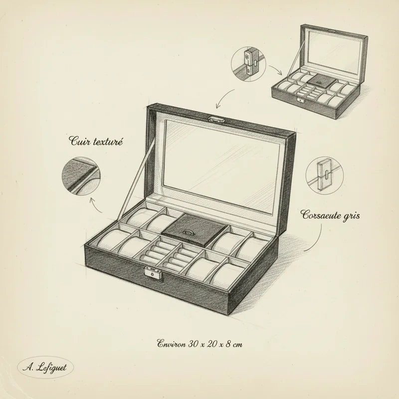Coffret montre et bijoux en cuir 8 slots - croquis technique artisan | Boites Lefiguet
