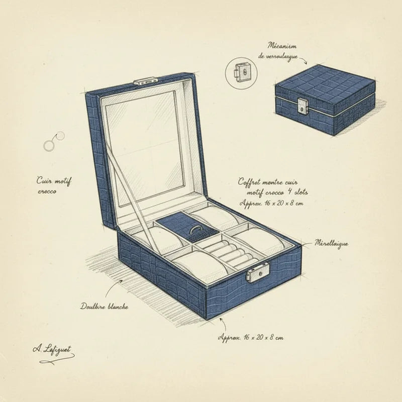 Coffret montre cuir motif croco 4 slots - croquis technique artisan | Boites Lefiguet