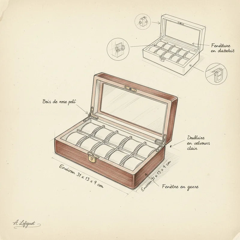Boite a Montre Bois Rouge 6 slots - croquis technique artisan | Boites Lefiguet