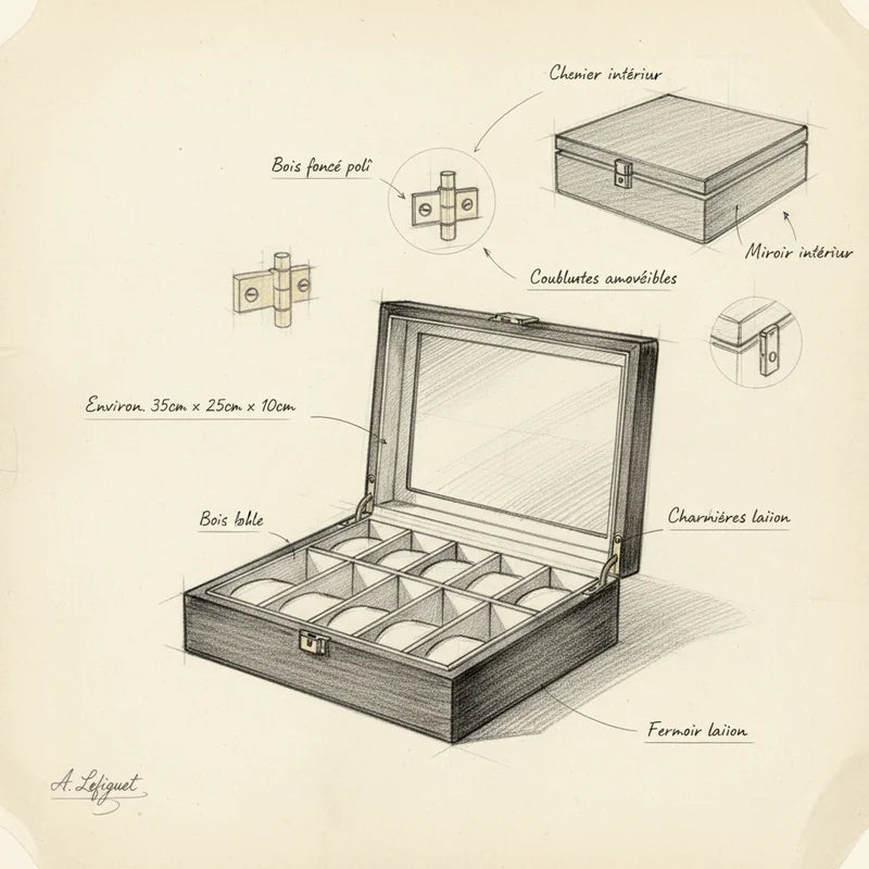 Boite a Montre Bois rouge 10 slots - croquis technique artisan | Boites Lefiguet