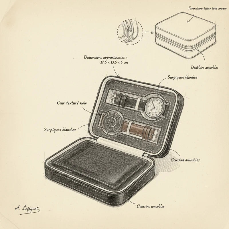 Housse montre en cuir 4 slots - croquis technique artisan | Boites Lefiguet