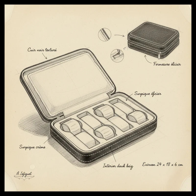 Housse montre en cuir 8 slots - croquis technique artisan | Boites Lefiguet