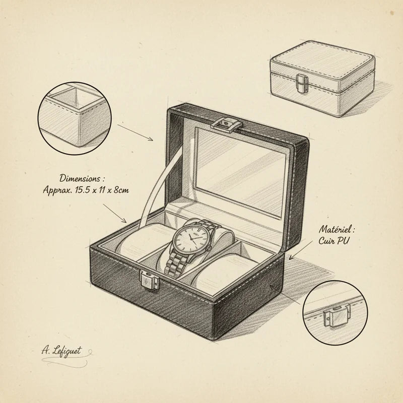 Boite a montre simili cuir 3 Slots - croquis technique artisan | Boites Lefiguet