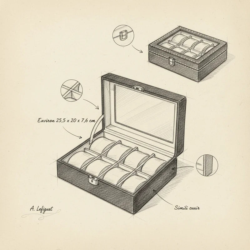 Boite a montre simili cuir 10 slots - croquis technique artisan | Boites Lefiguet