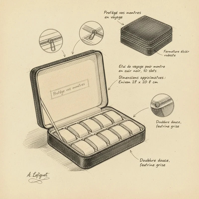 Etui de voyage pour montre en cuir 10 slots - croquis technique artisan | Boites Lefiguet