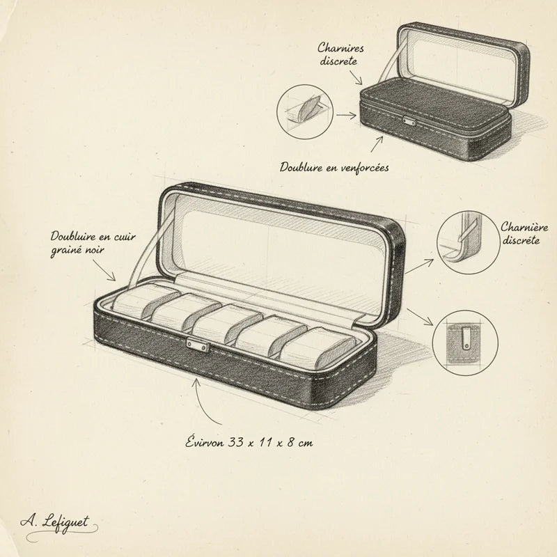 Housse montre cuir portable 6 slots - croquis technique artisan | Boites Lefiguet