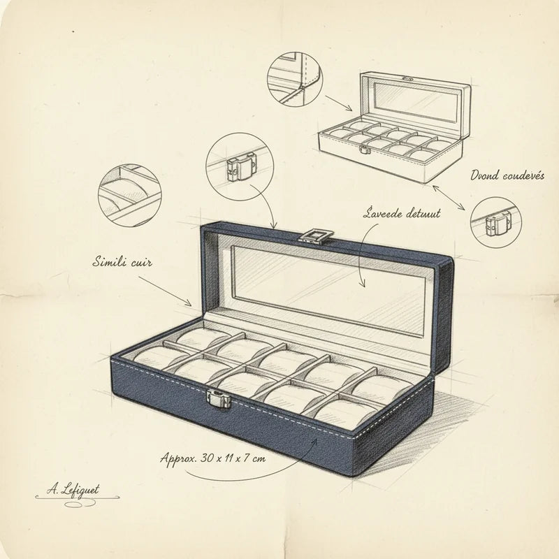 Boite a montre simili cuir 6 Slots - croquis technique artisan | Boites Lefiguet