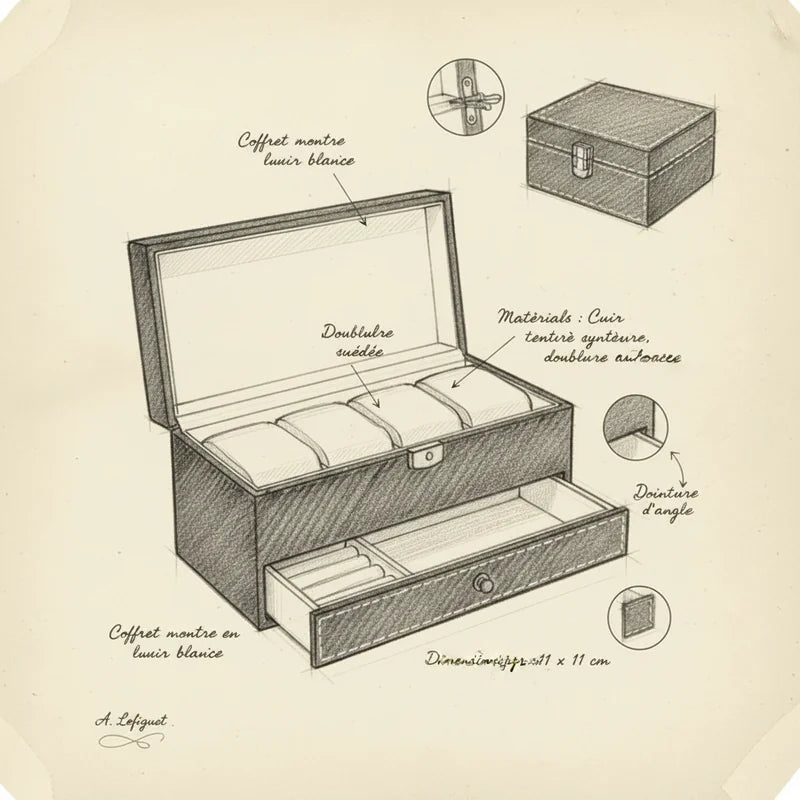 Coffret montre en cuir blanc - croquis technique artisan | Boites Lefiguet