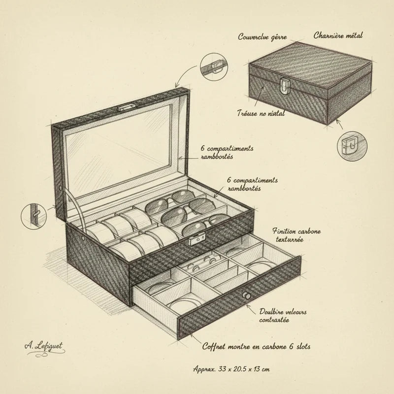 Coffret montre en carbone 6 slots - croquis technique artisan | Boites Lefiguet