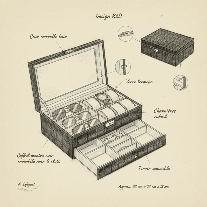 Coffret montre cuir crocodile noir 6 slots - croquis technique artisan | Boites Lefiguet