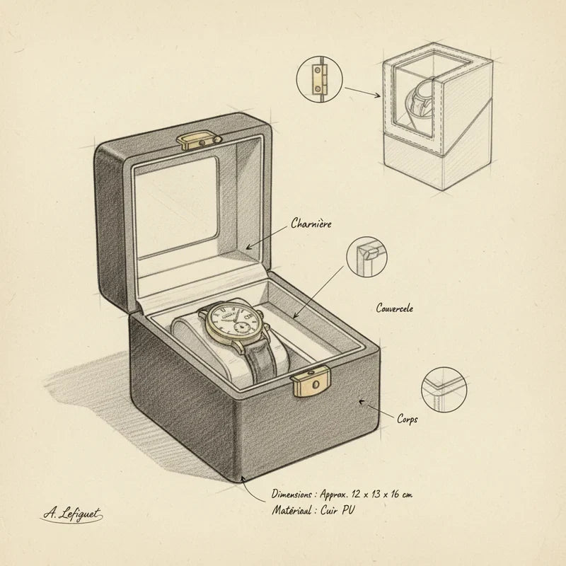 Remontoir montre auto en cuir 1 Slots - croquis technique artisan | Boites Lefiguet
