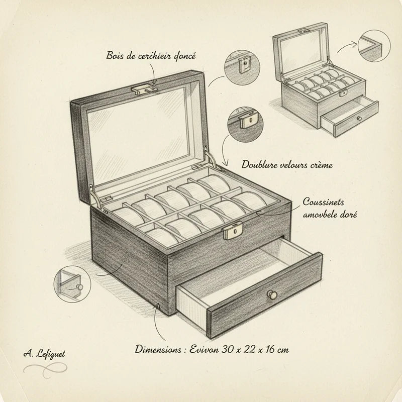Boite a montre rangement en bois 20 Slots - croquis technique artisan | Boites Lefiguet