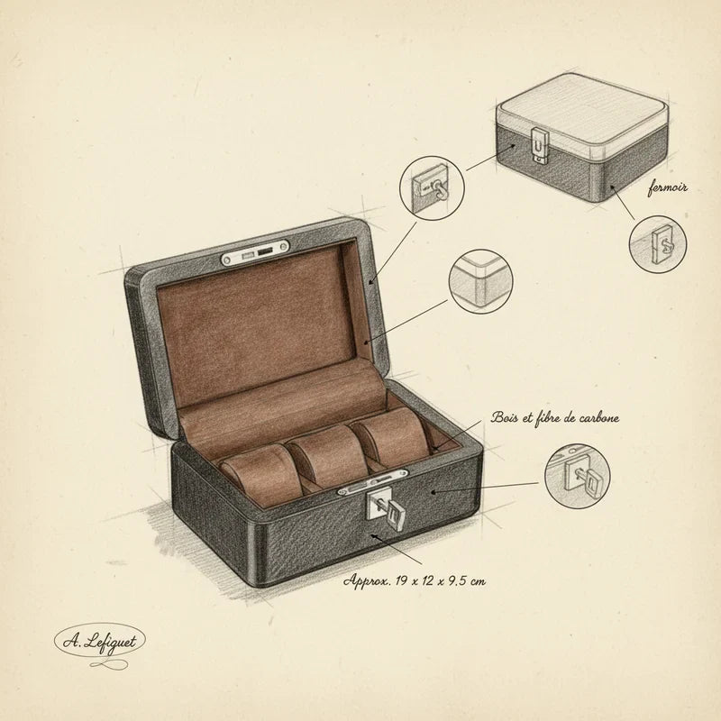 Boite a montre fibre de carbone à serrure 3 Slots - croquis technique artisan | Boites Lefiguet