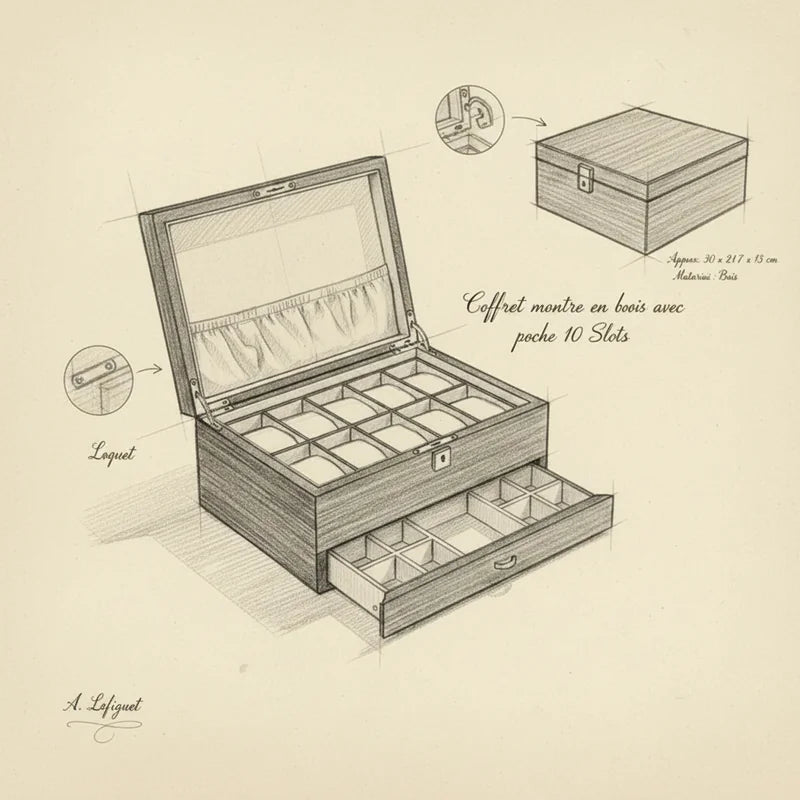 Coffret montre en bois avec poche 10 Slots - croquis technique artisan | Boites Lefiguet
