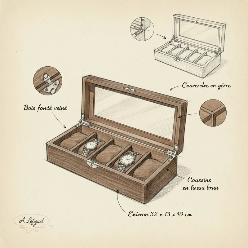 Boite a Montre Bois Marron 5 Slots - croquis technique artisan | Boites Lefiguet