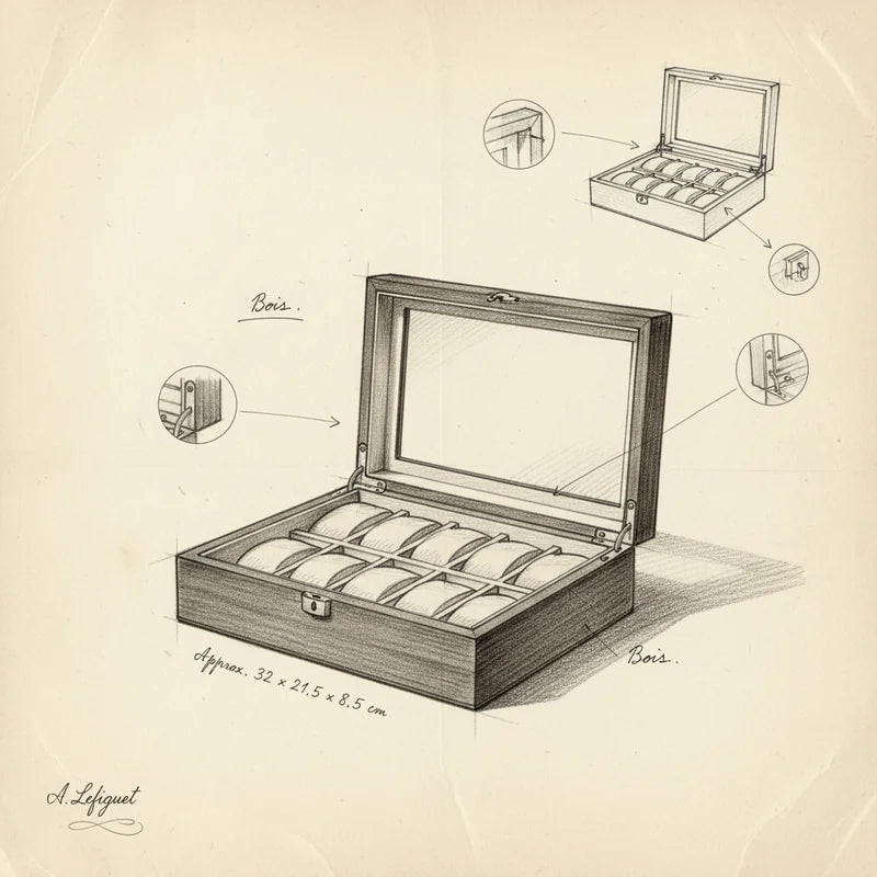 Boite a Montre en Bois de Rangement 10 Slots - croquis technique artisan | Boites Lefiguet