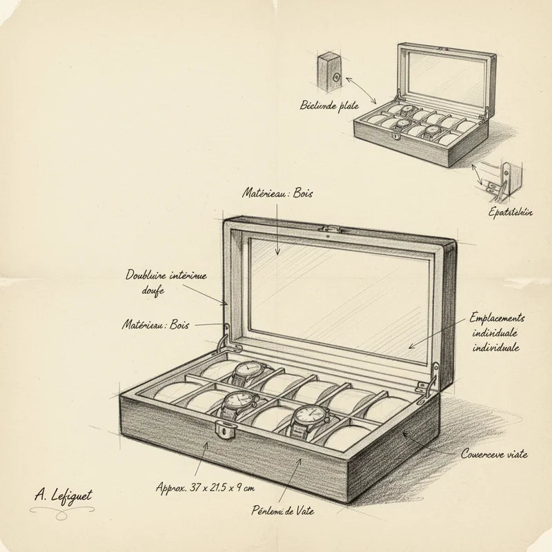 Boite a Montre en Bois de Rangement 12 Slots - croquis technique artisan | Boites Lefiguet