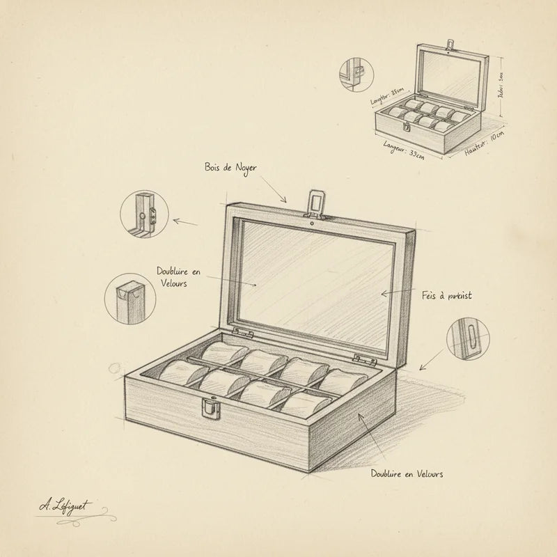 Boite a Montre Bois 8 Slots - croquis technique artisan | Boites Lefiguet