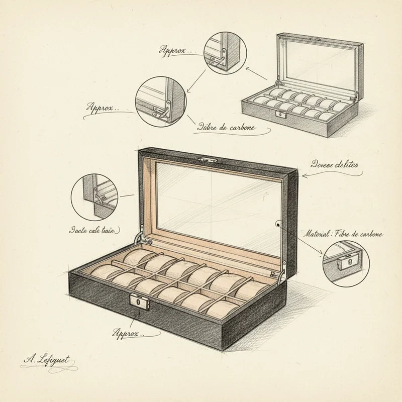 Boite a Montre Carbone 12 Slots - croquis technique artisan | Boites Lefiguet