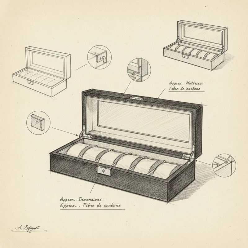 Boite a Montre Carbone 6 Slots - croquis technique artisan | Boites Lefiguet