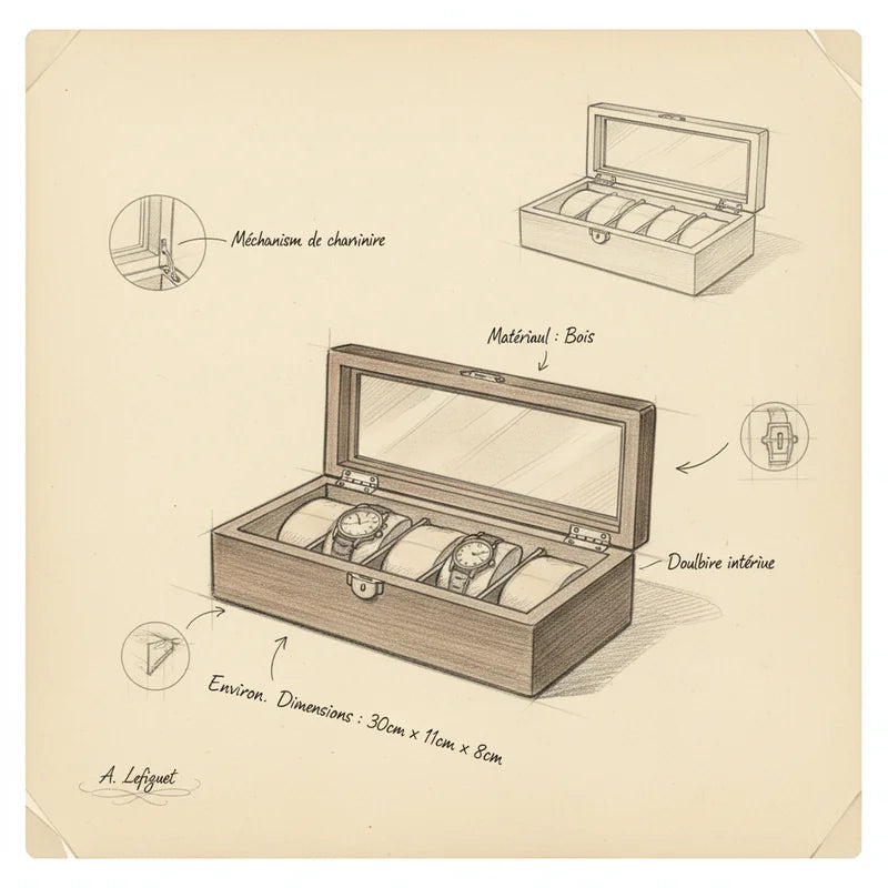 Boite a Montre Bois premium marron 5 Slots - croquis technique artisan | Boites Lefiguet