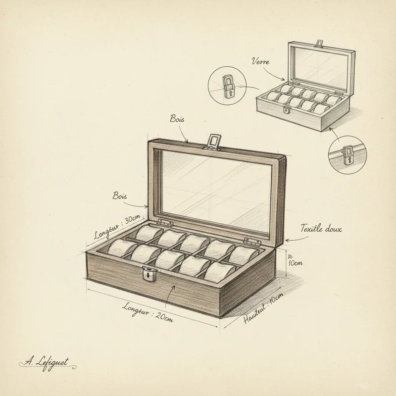 Boite a montre bois marron 10 Slots - croquis technique artisan | Boites Lefiguet