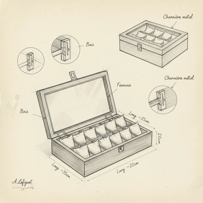 Boite a Montre Bois Marron 12 Slots - croquis technique artisan | Boites Lefiguet