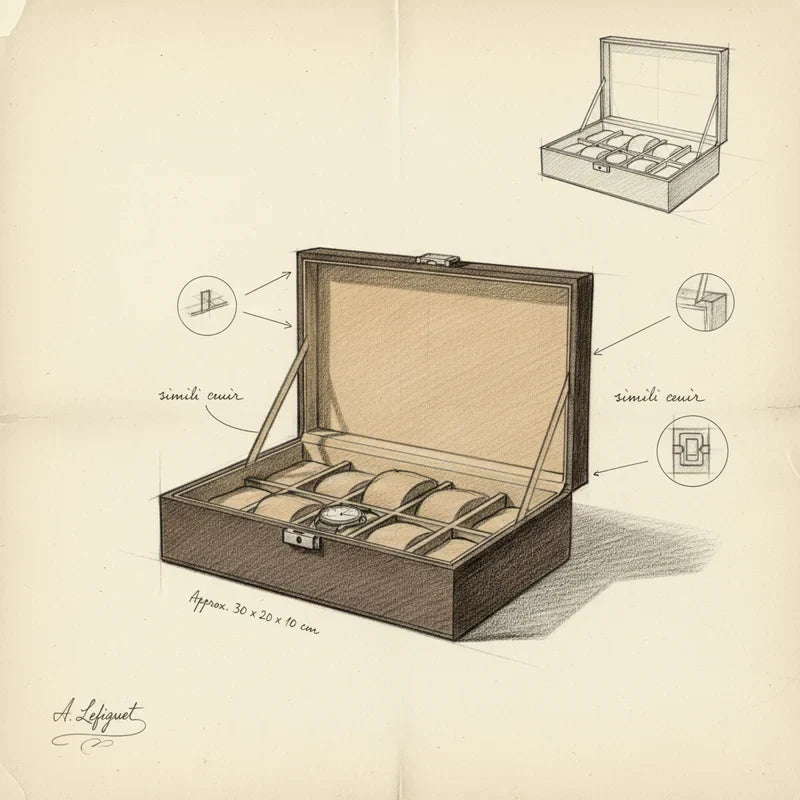 Boite a montre simili cuir marron luxe 10 Slots - croquis technique artisan | Boites Lefiguet