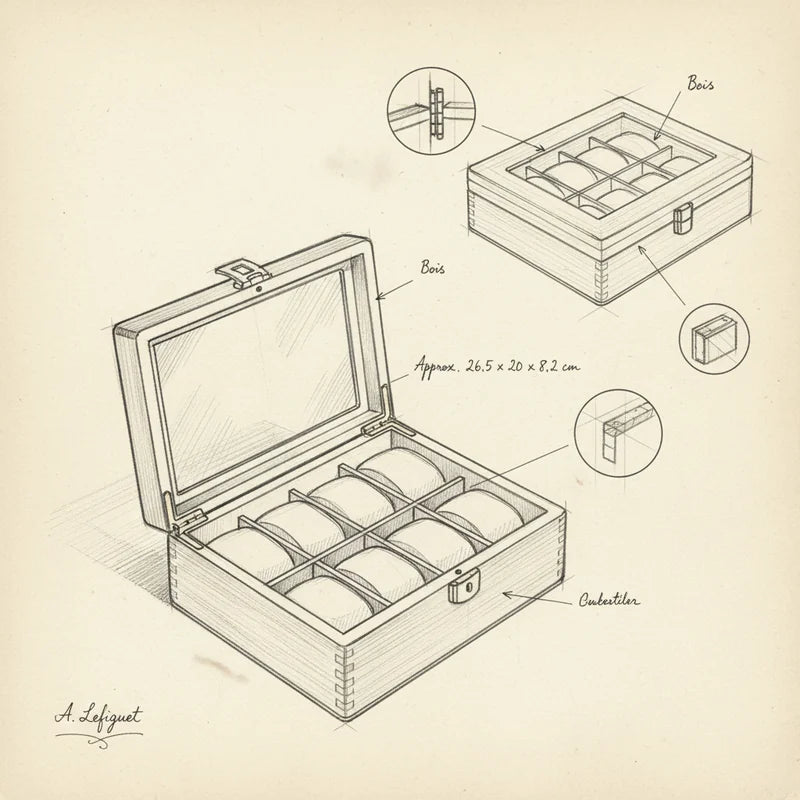 Boite a Montre Bois Luxueux 10 slots - croquis technique artisan | Boites Lefiguet