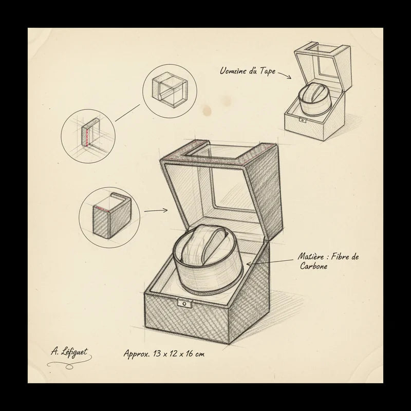 Remontoir montre automatique Carbone 1 Slots - croquis technique artisan | Boites Lefiguet