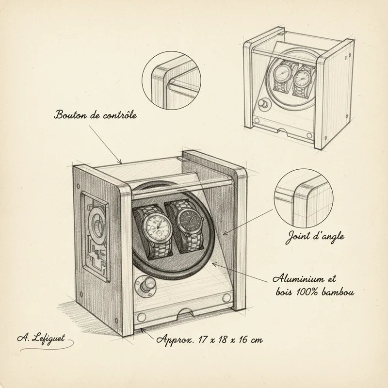Remontoir montre auto Moderne 2 Slots - croquis technique artisan | Boites Lefiguet