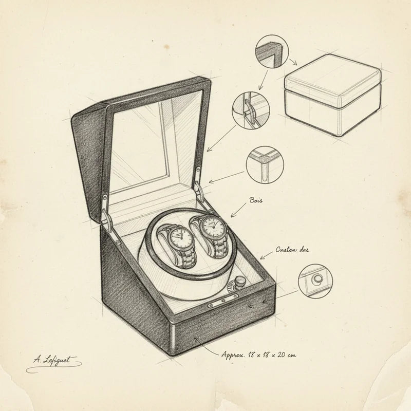 Remontoir montre automatique en Bois 2 Slots - croquis technique artisan | Boites Lefiguet