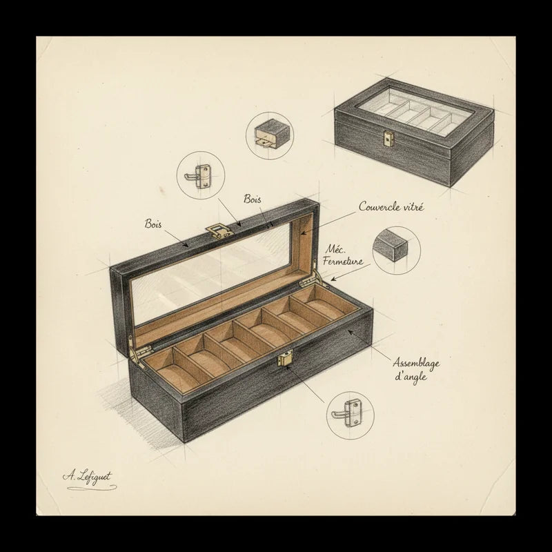 Boite de rangement 6 emplacements pour montres - croquis technique artisan | Boites Lefiguet