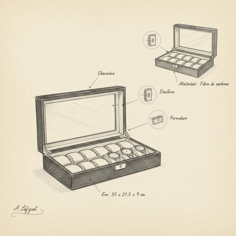 Boite a montre fibre de carbone 12 Slots - croquis technique artisan | Boites Lefiguet