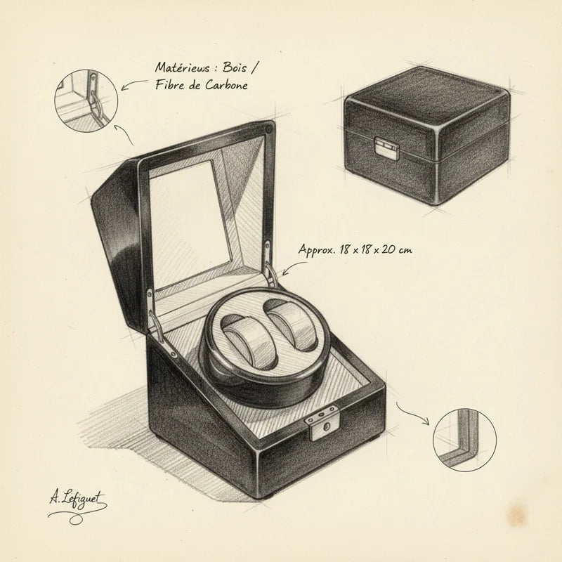 Remontoir montre automatique Black Wood 2 Slots - croquis technique artisan | Boites Lefiguet