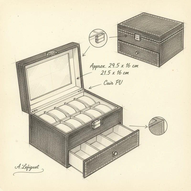 Boite a montre rangement en cuir 20 Slots - croquis technique artisan | Boites Lefiguet