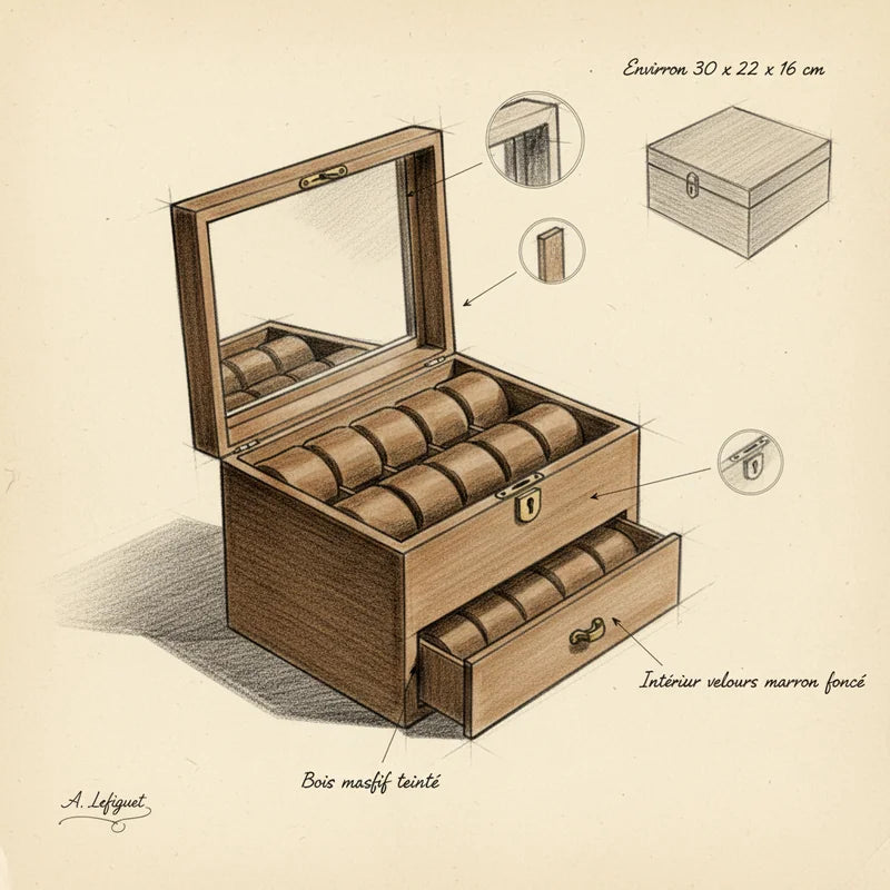 Boite a montre en frêne vintage 20 Slots - croquis technique artisan | Boites Lefiguet