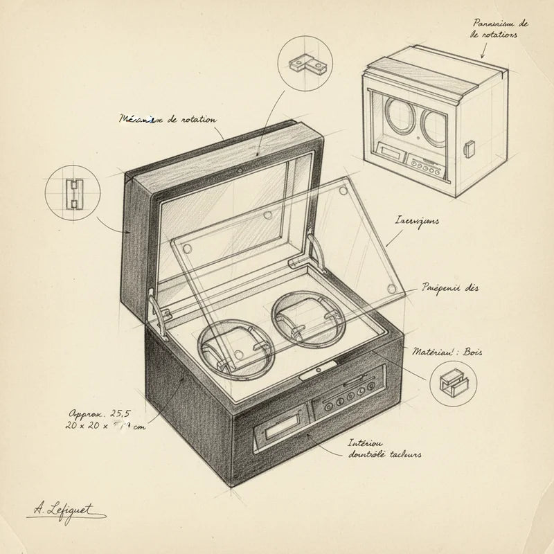 Remontoir montre automatique Bois Laqué 2 Slots - croquis technique artisan | Boites Lefiguet