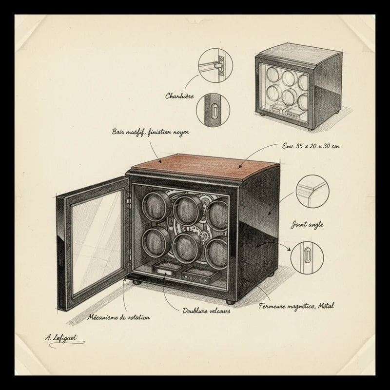 Remontoir montre automatique Bois Laqué 6 Slots - croquis technique artisan | Boites Lefiguet