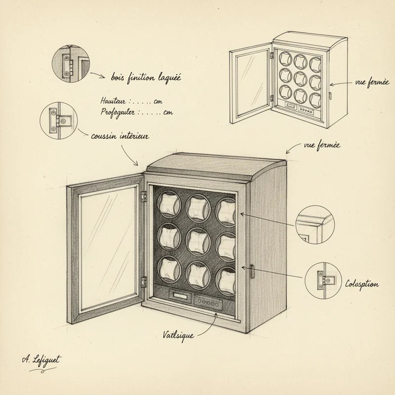 Remontoir montre automatique Bois Laqué 9 Slots - croquis technique artisan | Boites Lefiguet