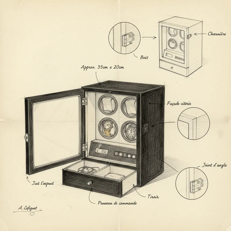 Remontoir montres automatiques Bois noir 4 Slots - croquis technique artisan | Boites Lefiguet