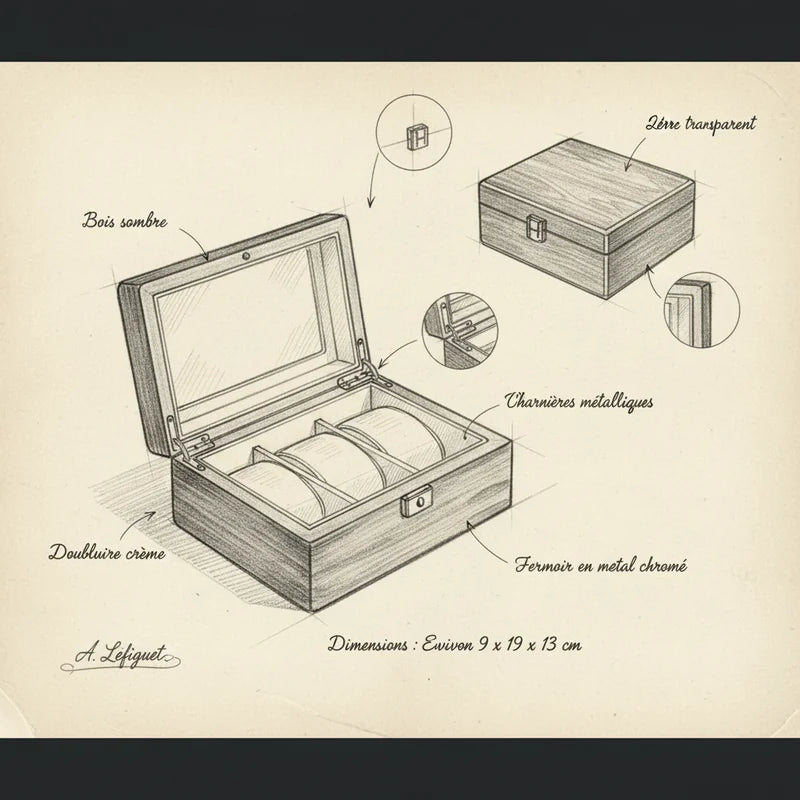Boite à montres Vintage en Bois 3 slots - croquis technique artisan | Boites Lefiguet
