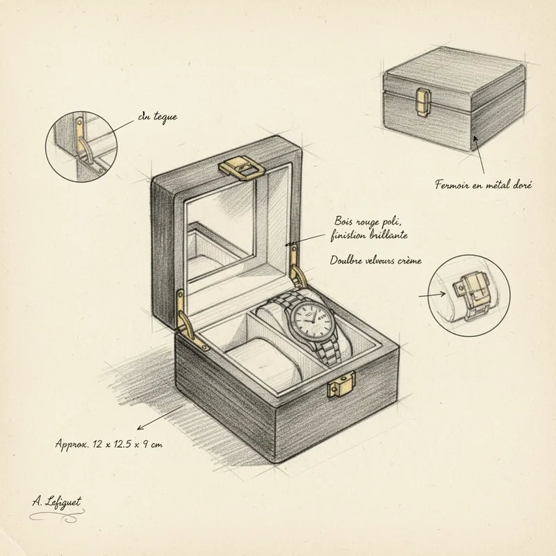 Boite a Montre Bois Rouge 2 slots - croquis technique artisan | Boites Lefiguet