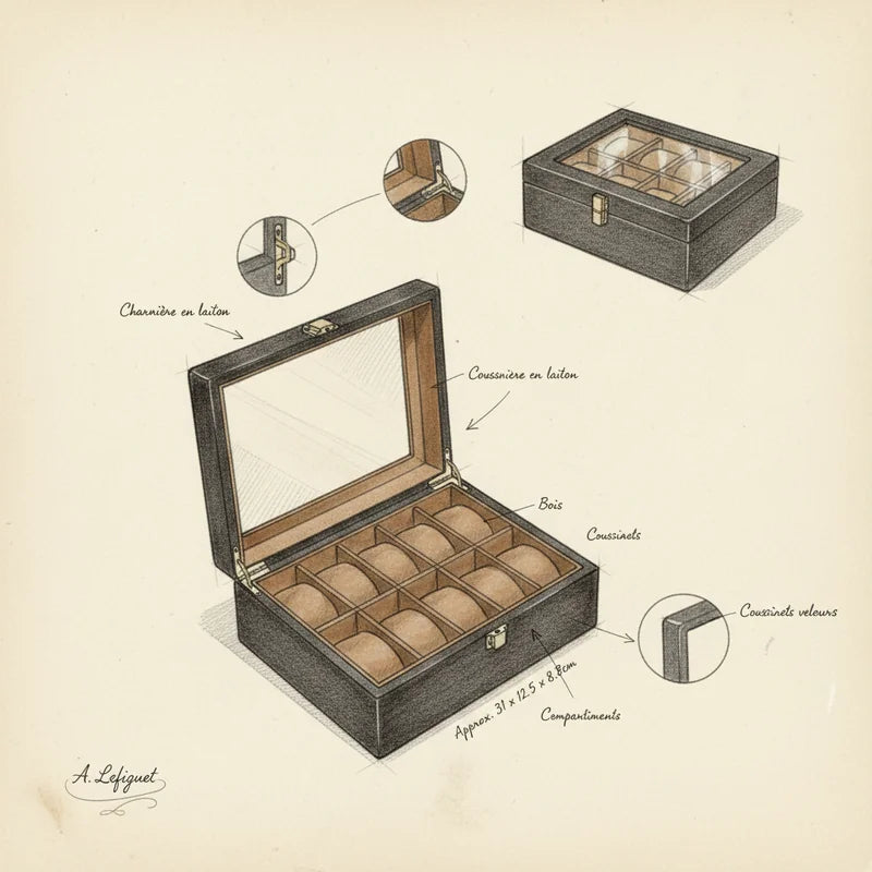 Boite de rangement pour montres 10 Slots - croquis technique artisan | Boites Lefiguet