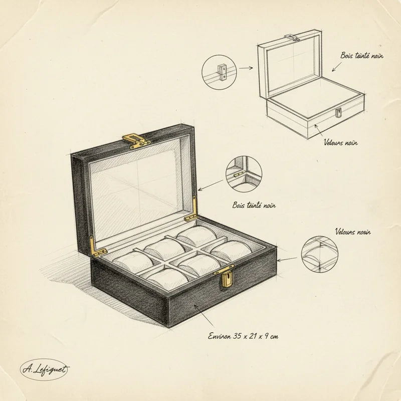 Boite de rangement pour montres 12 Slots - croquis technique artisan | Boites Lefiguet